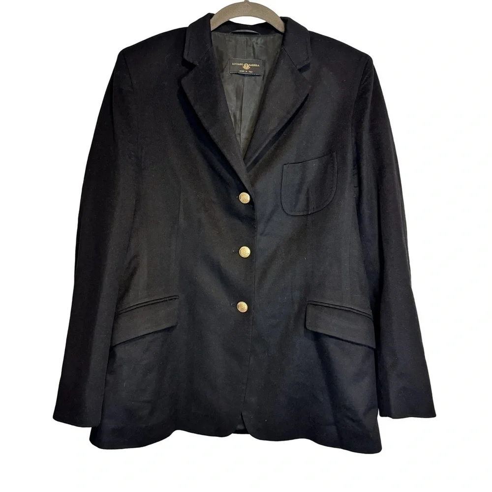 Luciano Barbera Black Classic Blazer 3 Gold Buttons and Short Shoulder Pads